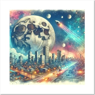 Surreal Collage Art City Moon Spaceship Drawing Posters and Art